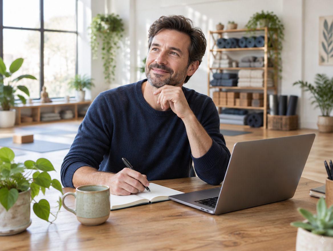 A studio owner at a desk with a laptop and notebook