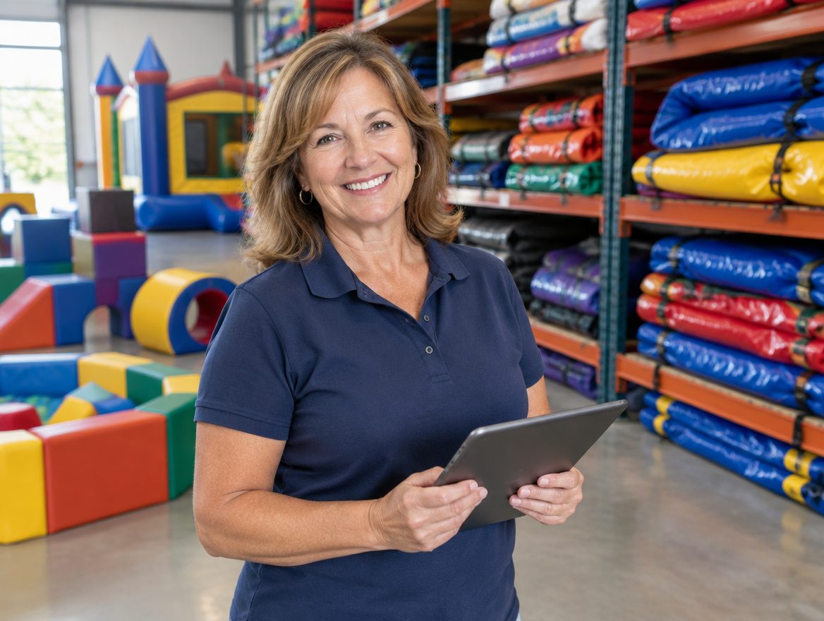 A party-rental owner holding a tablet in her warehouse