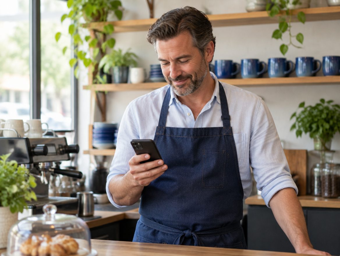 A cafe owner in a denim apron smiling at his phone behind the counter