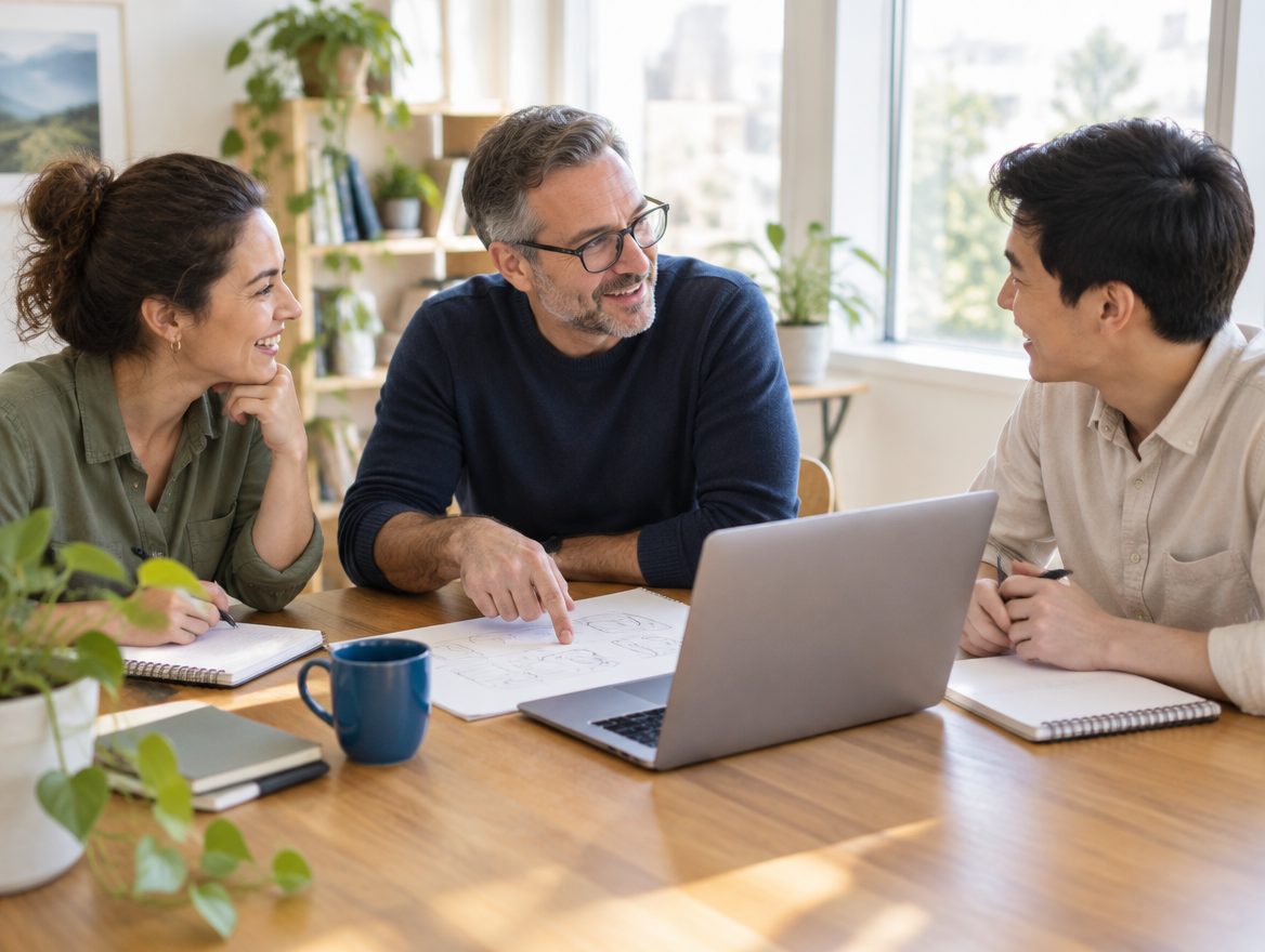 Three people around a table with a laptop and notebooks, talking through a problem
