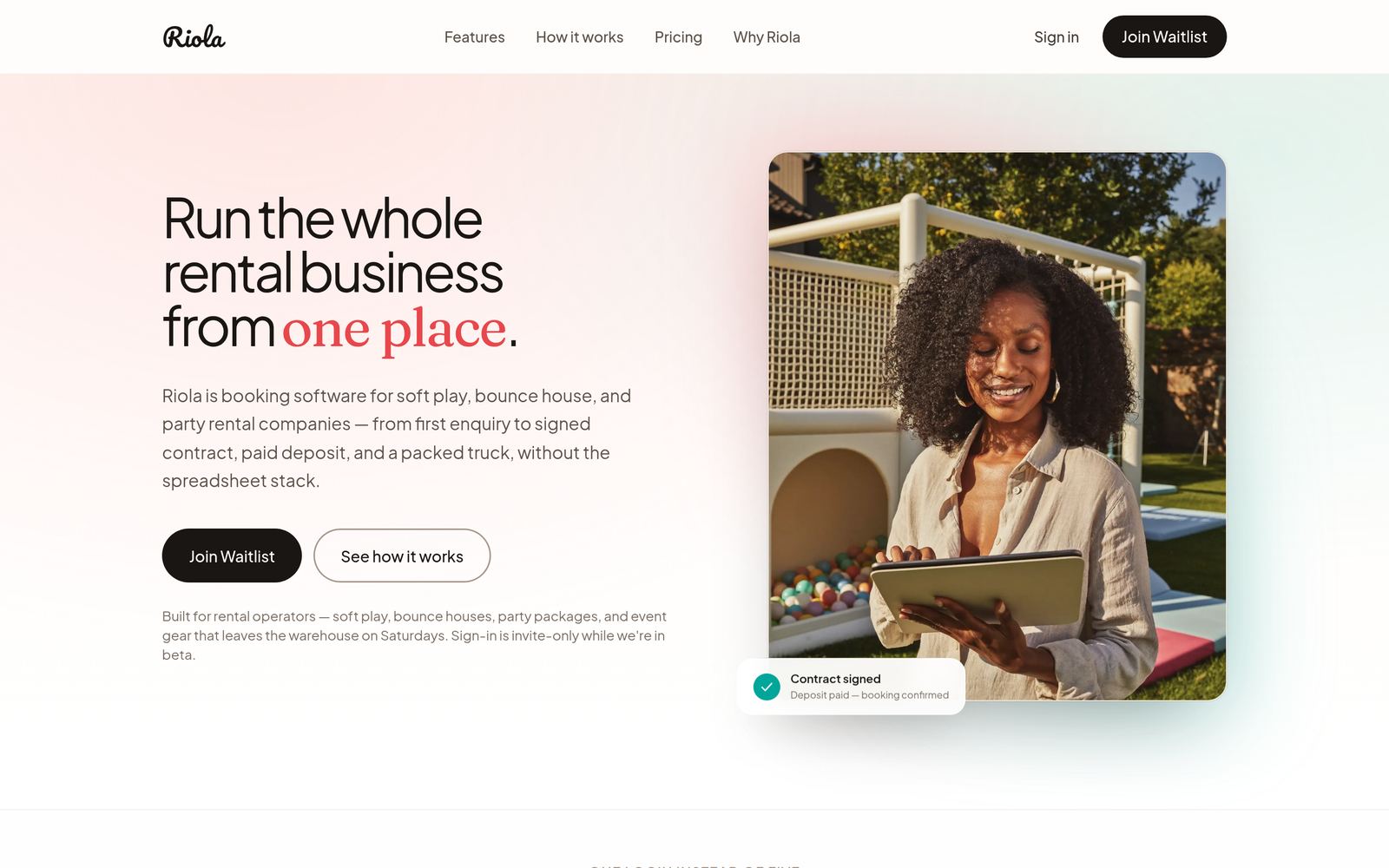 Riola homepage. The headline reads: Run the whole rental business from one place.