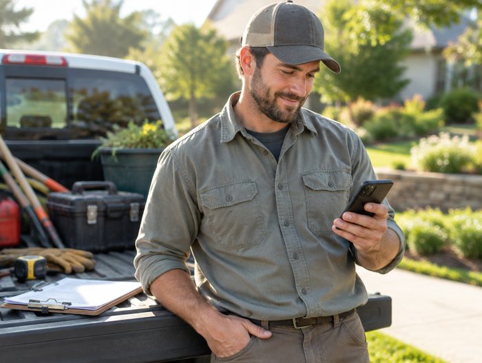 A contractor leaning on his truck tailgate, checking his phone with a relaxed smile