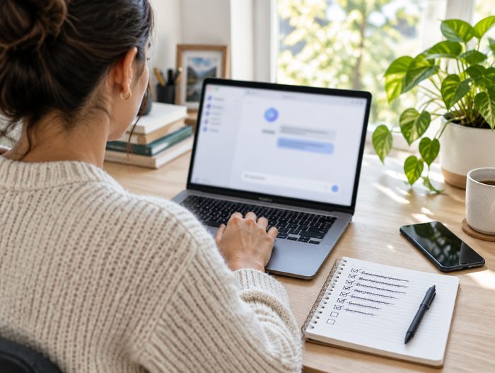 An owner at a laptop with an assistant chat open, a to-do list with most items crossed off beside it