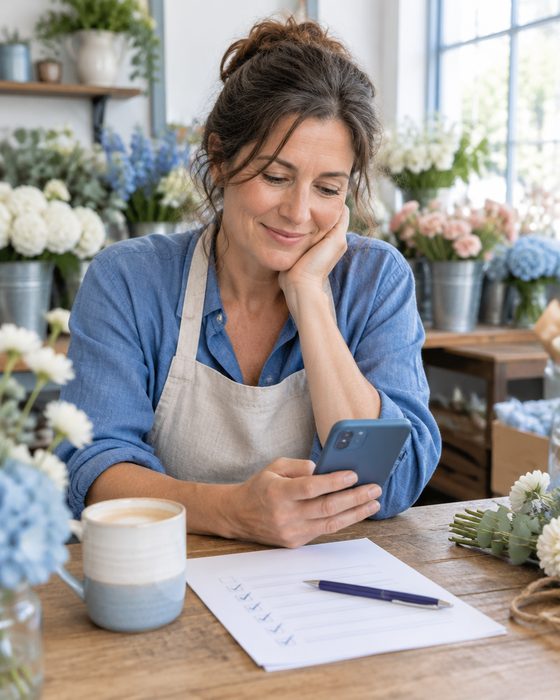 A florist in a linen apron smiling at her phone in her shop, a paper checklist with ticks on the table beside her